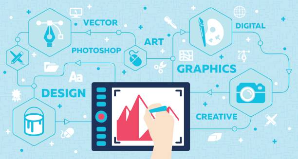 A graphic design concept with a designer's hand holding a pen over a drawing tablet. The design is surrounded by related words and icons.
